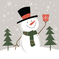 Cute Snowman with Christmas gift, vector illustration