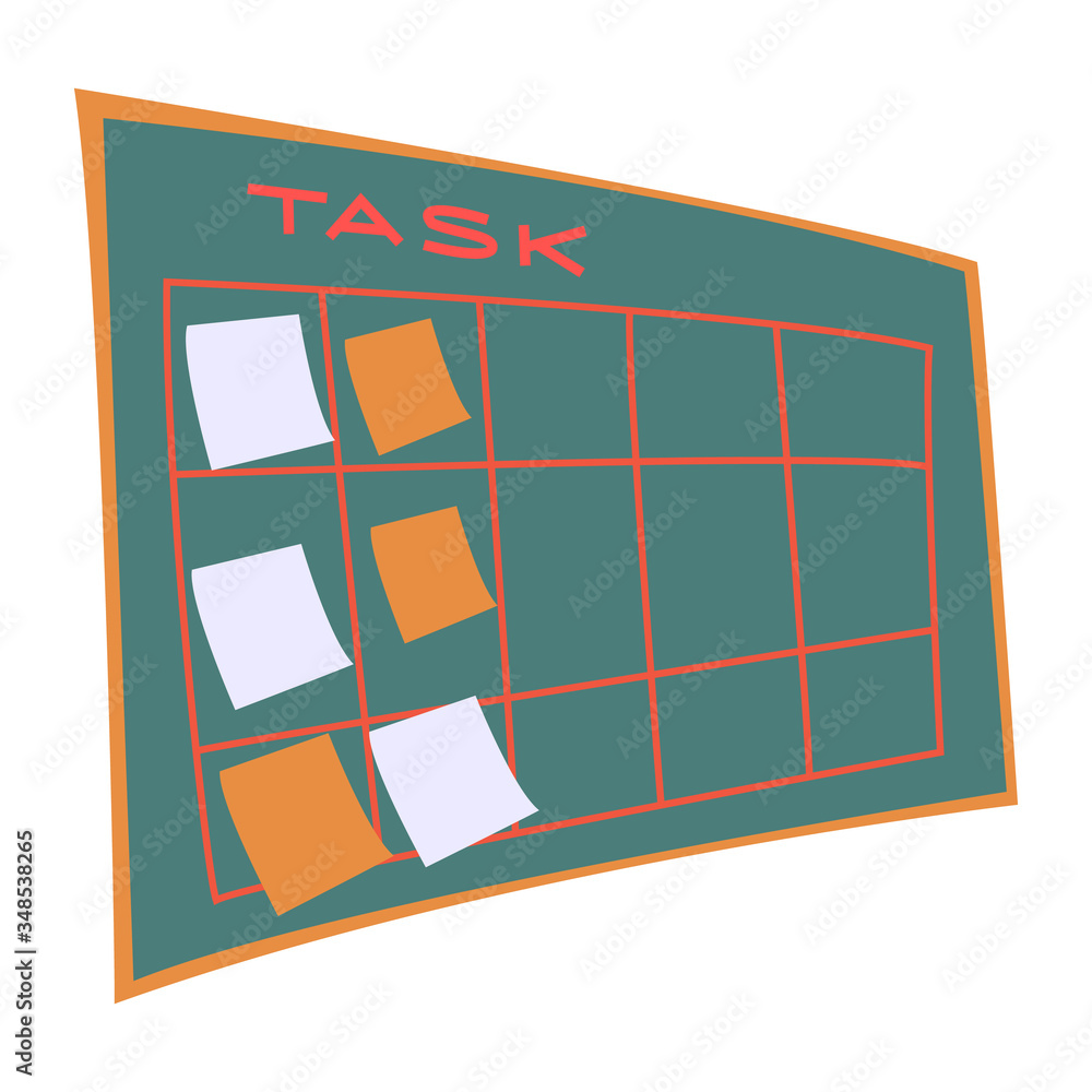 Poster optimization of productivity at work vector. board with tasks and appointments. stickers on calendar