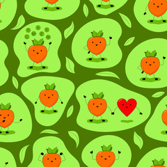 The Benefits of Persimmons. Persimmon Seamless Pattern in Different Poses on a Green Background with Leaves. Cute and Happy Persimmon Characters Smile, Dance and Jump. Kawaii Style. Flat Design