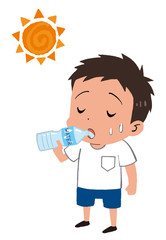イラスト素材：水を飲む男の子　子供　熱中症