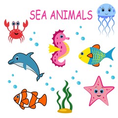 Cute colorful sea animals. Marine life. Ocean wildlife . Octopus, whale, seahorse, jellyfish,frog, turtle, crub, clown fish, sea star.