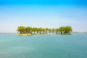 Beautiful green palm trees island over sea water and blue sky background, Bahrain.