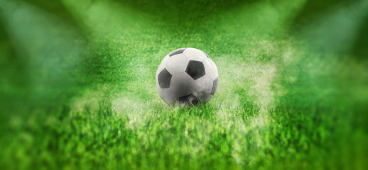 ball on the green field in soccer stadium. ready for game