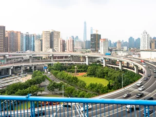 Selbstklebende Fototapete Nanpu-Brücke China, Shanghai, Spirale zur Nanpu Brücke