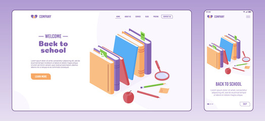 Education and back to school isometric concept on web page and onboarding screen template.