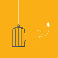 Flying paper plane and cage. Freedom concept. Emotion of freedom and happiness. Minimalist style.	