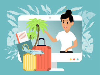 Character female online travel blogger, concept trip vlog story journey flat vector illustration. Woman influencer stand computer monitor device, social network content tourism web stream.