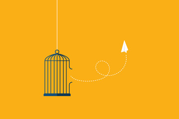 Flying paper plane and cage. Freedom concept. Emotion of freedom and happiness. Minimalist style.	