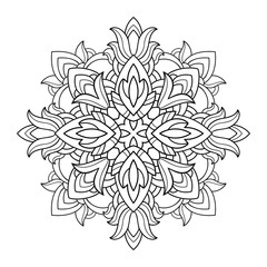 Decorative floral mandala with simple pattern on white isolated background. For coloring book pages.