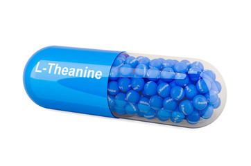 Capsule with L-Theanine, dietary supplement. 3D rendering