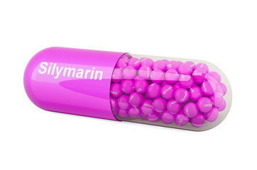 Capsule with silymarin, dietary supplement. 3D rendering