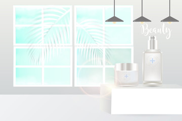 Beauty product ad design, white cosmetic containers with natural concept advertising background ready to use, luxury skin care banner, illustration vector.