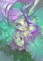 Fantasy cartoon illustration of a cute and spooky vampire mermaid going to catch someone by the foot