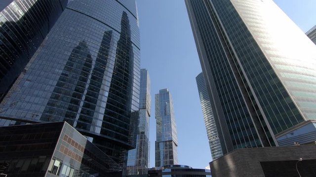 Moscow City business center, downtown exterior architecture of skyscraper. Federation tower facade. Sunny day in Moscow. Finance business office.