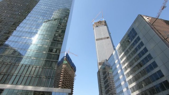 Moscow City business center, downtown exterior architecture of skyscraper. Federation tower facade. Sunny day in Moscow. Finance business office.