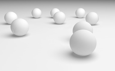 White abstract background. Set of white balls isolated on white backdrop. 3D illustration