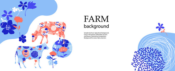 Horizontal agricultural background. Silhouettes of cows and flowers.