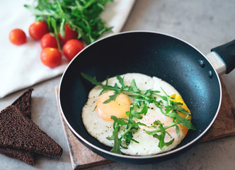 Tasty breakfast. Fried chicken eggs and cherry tomatoes