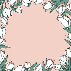 Obraz premium Spring card with light blue background and the frame of red tulips in naive cartoon style. Isolated vector illustration