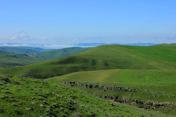 Beautiful, spring mountains in the green grass.