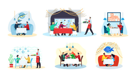 Fish restaurant and sea food, people eat meals at table, seafood dishes, party set of isolated flat vector illustrations. Man and women at fish restaurant, waiter with asian cuisine, fishes in water