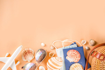 Optimistic coronavirus vacation concept. Summer 2020 vacation and travel background with medical...