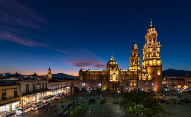 Sunset view of Morelia Cathedral, Michoacan, Mexico.