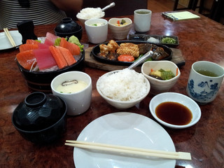 Japanese Food Set on the Table, Sashimi and Seafood Teppanyaki