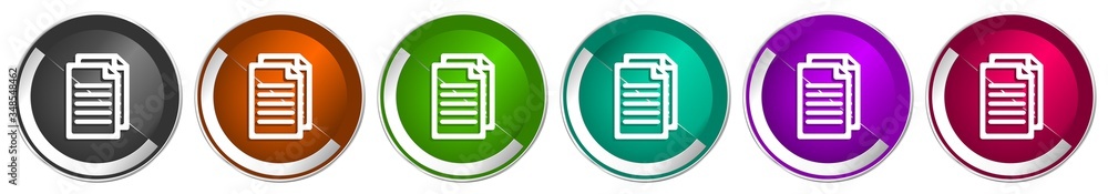 Poster Document icon set, file, copy, silver metallic chrome border vector web buttons in 6 colors options for webdesign