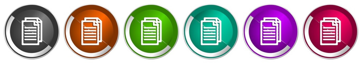 Document icon set, file, copy, silver metallic chrome border vector web buttons in 6 colors options for webdesign