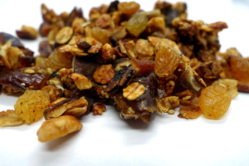 Tasty granola on white.