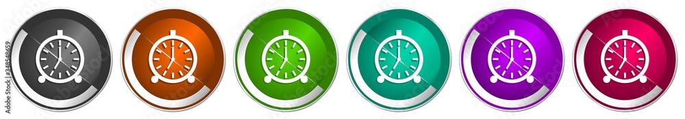 Poster Alarm icon set, silver metallic chrome border vector web buttons in 6 colors options for webdesign
