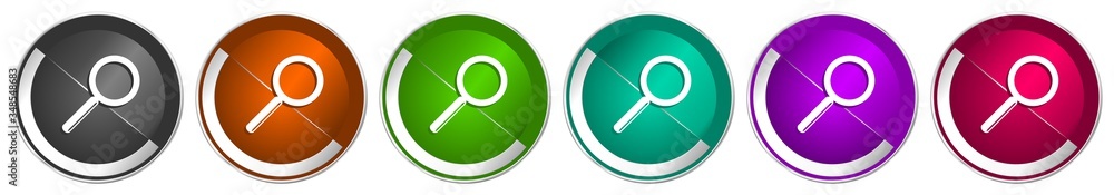 Fototapete search icon set, silver metallic chrome border vector web buttons in 6 colors options for webdesign