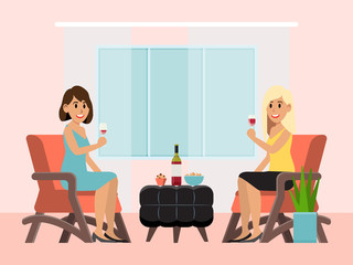 Woman character hold wine glass, female sitting restaurant talk friendly conversation drink alcohol flat vector illustration. Design coffee house interior decoration, amiable relax dinner.