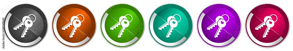 Aufkleber keys icon set, silver metallic chrome border vector web buttons in 6 colors options for webdesign