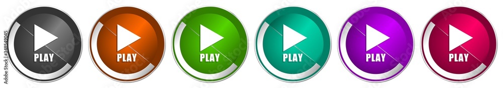 Poster play icon set, silver metallic chrome border vector web buttons in 6 colors options for webdesign