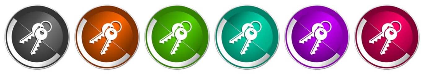 Keys icon set, silver metallic chrome border vector web buttons in 6 colors options for webdesign