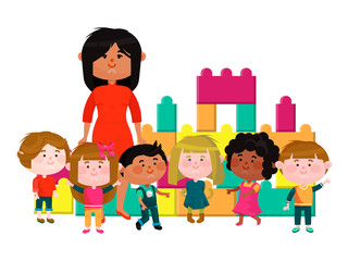 International kindergarten, interethnic character male female kid cheerfully playtime isolated on white, flat vector illustraion. Preschool employee woman watching children, playground place.