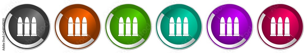 Poster Ammunition icon set, silver metallic chrome border vector web buttons in 6 colors options for webdesign