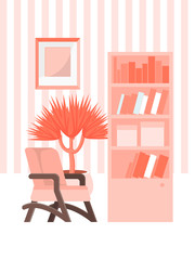 Cozy design interior home library concept room, red flat vector illustration. Bookcase with selection different book, web poster comfortable household chair, striped wallpaper potted plant.