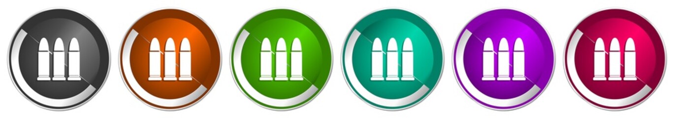 Ammunition icon set, silver metallic chrome border vector web buttons in 6 colors options for webdesign