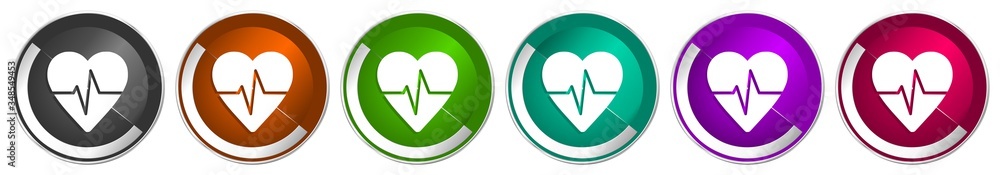 Aufkleber Pulse icon set, silver metallic chrome border vector web buttons in 6 colors options for webdesign