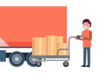 Male character loader hold cart, fast delivery service truck logistic concept isolated on white, flat vector illustration. Mail employee supply stuff warehouse box, storehouse carton.
