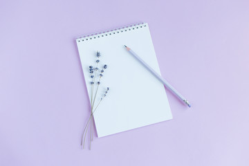 Notebook with blank page, pencil and lavander on a violet background.