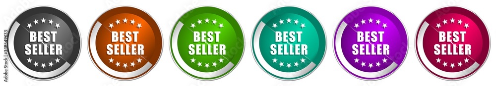 Poster best seller icon set, silver metallic chrome border vector web buttons in 6 colors options for webde