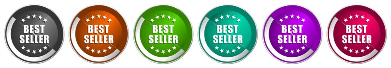 Best seller icon set, silver metallic chrome border vector web buttons in 6 colors options for webdesign