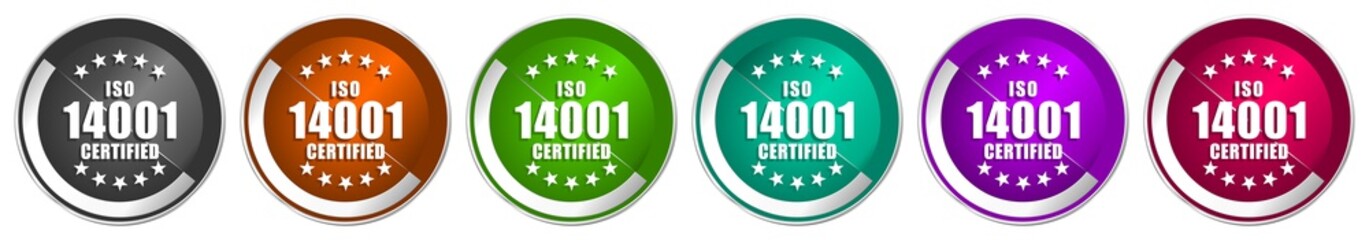 Iso 14001 icon set, silver metallic chrome border vector web buttons in 6 colors options for webdesign