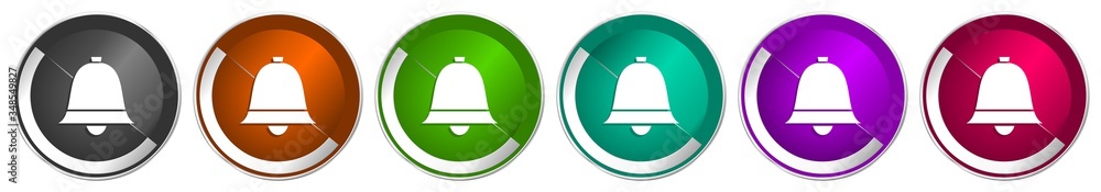 Poster Bell, ring, alarm icon set, silver metallic chrome border vector web buttons in 6 colors options for webdesign