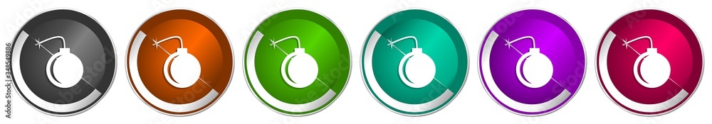 Leinwandbilder Bomb icon set, silver metallic chrome border vector web buttons in 6 colors options for webdesign