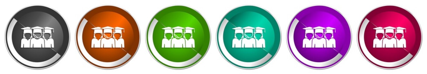 Education icon set, educate, graduate, group of students silver metallic chrome border vector web buttons in 6 colors options for webdesign